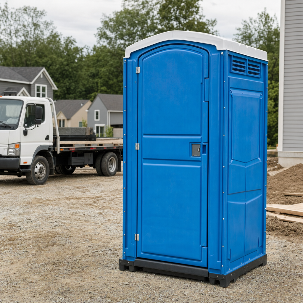 Delivery driver positioning a clean royal-blue portable toilet on level ground at a Lancaster worksite