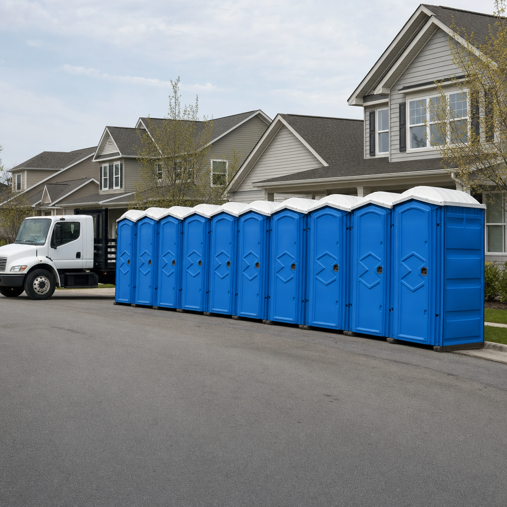 Royal blue portable toilets staged in a tidy row at a Lancaster jobsite, ready for delivery