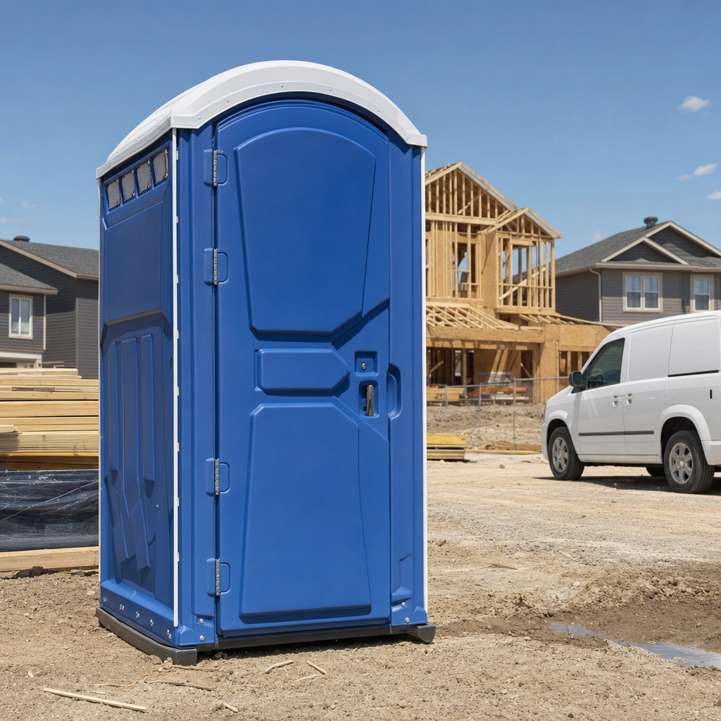 Royal blue and white standard portable toilet on a clean construction site in daylight